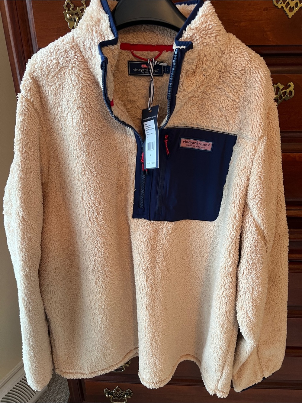 Vineyard Vines Light Tan Sherpa Pullover with Navy Chest Pocket